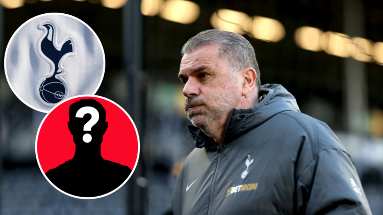 Tottenham Hotspur manager Ange Postecoglou. Insets of Tottenham badge and mystery player.