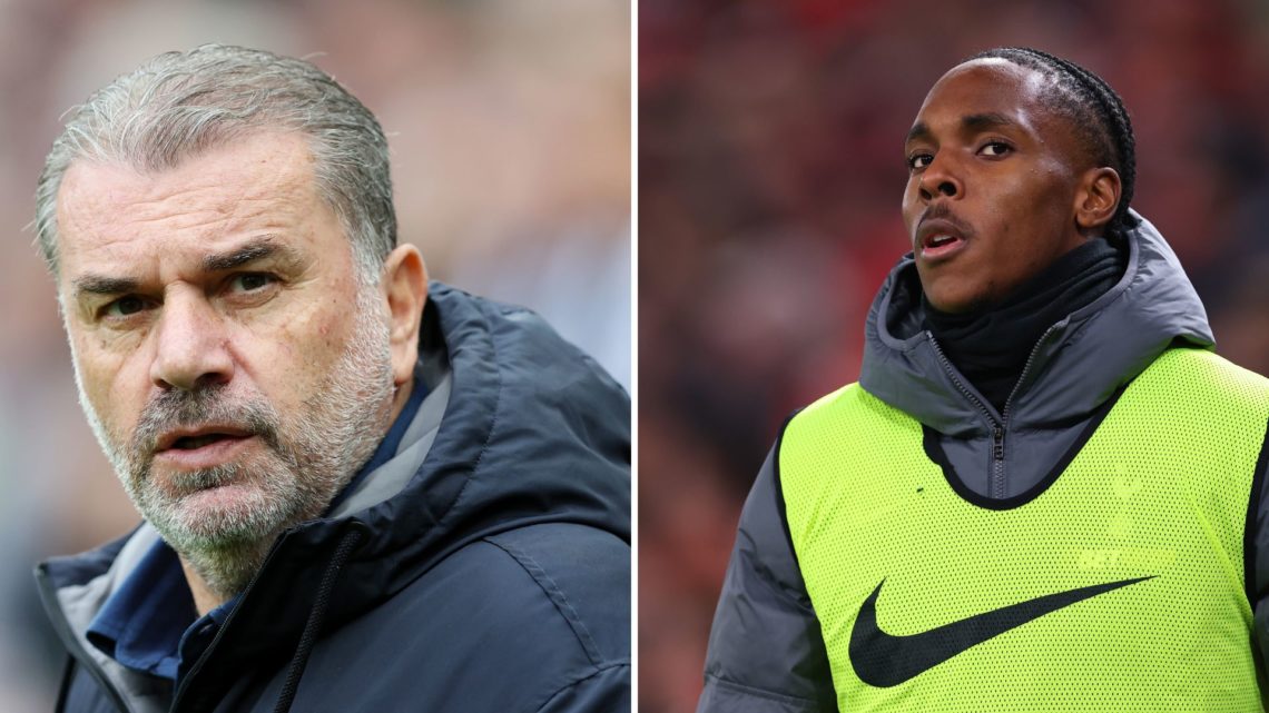 Split Image of Ange Postecoglou, Manager of Tottenham Hotspur, prior to during the Premier League match, and Mathys Tel of Tottenham Hotspur during...