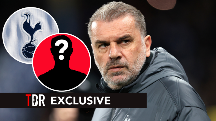 Manager of Tottenham Hotspur Ange Postecoglou. Insets of Tottenham badge and mystery player.