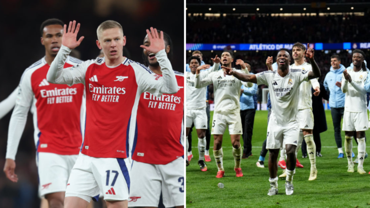 Split image of (L) Oleksandr Zinchenko after scoring a goal vs PSV and (R) Vinicius Jr and Real Madrid teammates celebrating after their win over A...