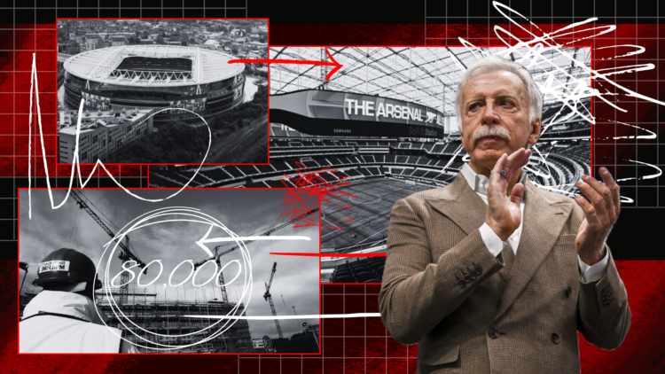 Arsenal owner Stan Kroenke accompanied by black-and-white images of the Emirates Stadium and SoFi Stadium, with illustration flourishes