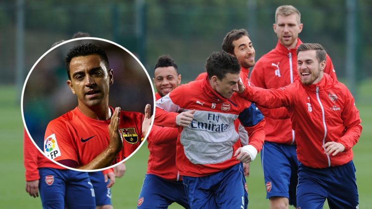 Jack Wilshere, Francis Coquelin, Laurent Koscielny and Aaron Ramsey of Arsenal during a training session at London Colney. Inset, Xavi Hernandez of...