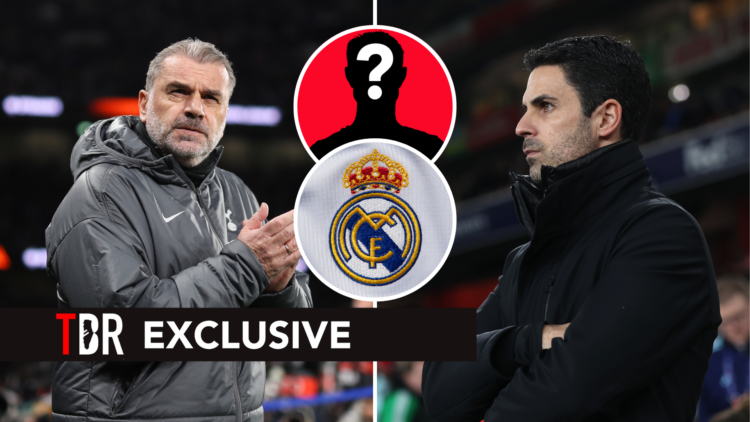 Split image of Arsenal manager Mikel Arteta (R) and Tottenham manager Ange Postecoglou (L). Insets of Real Madrid badge and mystery player.