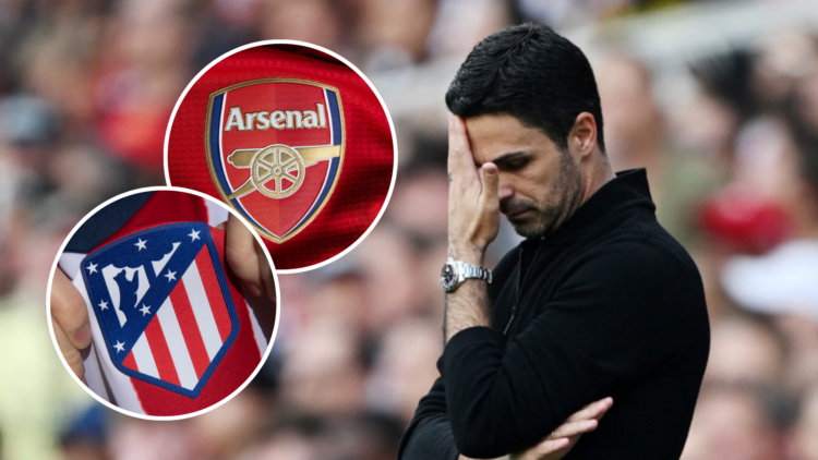 An image of Arsenal manager Mikel Arteta looking dejected with two insets of the Arsenal and Atletico Madrid club badges