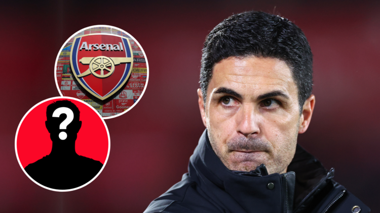 Arsenal manager Mikel Arteta. Inset of Arsenal badge and mystery player.