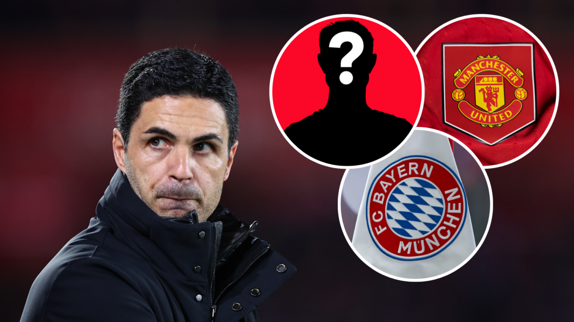 Mikel Arteta manager of Arsenal. Inset of Bayern Munich badge, Manchester United badge and mystery player.