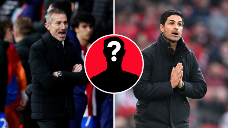 Split image of Sport Director Andrea Berta and Mikel Arteta, Manager of Arsenal. Inset of mystery player.