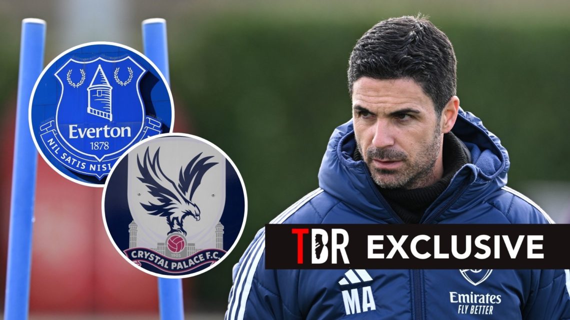 Arsenal manager Mikel Arteta during a training session at Sobha Realty Training Centre. Inset, the badges of Everton and Crystal Palace.