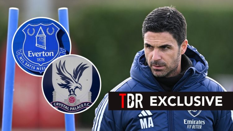 Arsenal manager Mikel Arteta during a training session at Sobha Realty Training Centre. Inset, the badges of Everton and Crystal Palace.