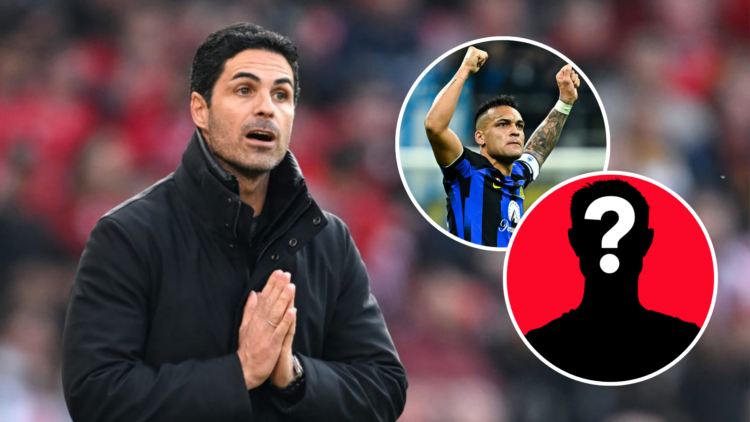 Image of Arsenal manager Mikel Arteta with his hands joined together with insets of a mystery player and Lautaro Martinez celebrating.