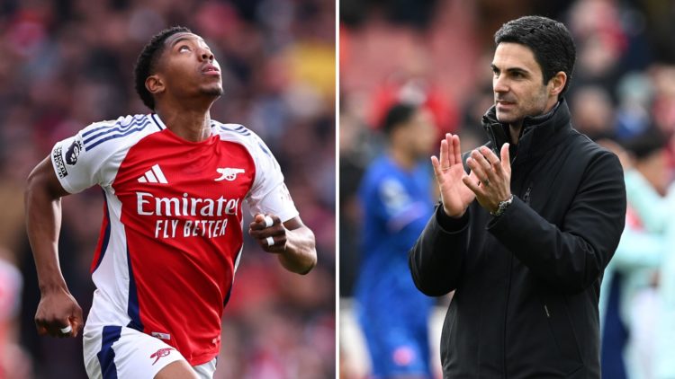 Split image of Arsenal Manager Mikel Arteta clapping the fans after the Premier League match between Arsenal FC and Chelsea FC, and Myles Lewis-Ske...