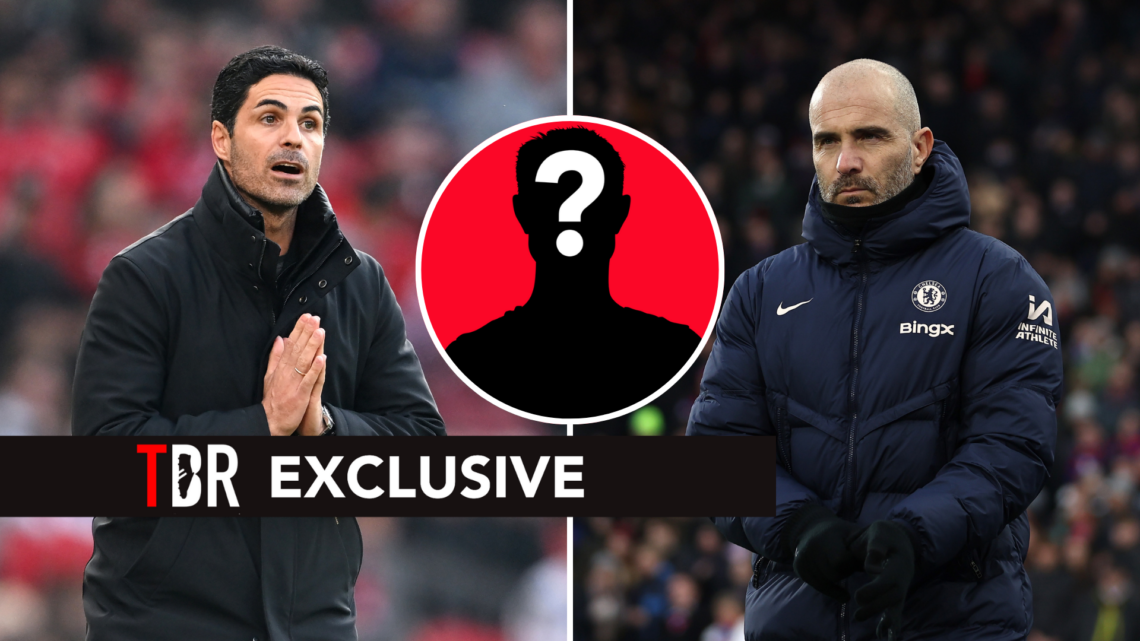 Split image of Arsenal manager Mikel Arteta (L) and Chelsea manager Enzo Maresca (R). Inset of mystery player.