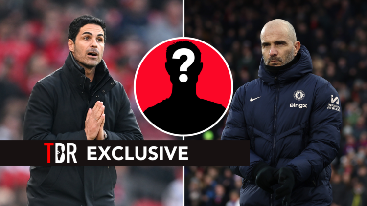 Split image of Arsenal manager Mikel Arteta (L) and Chelsea manager Enzo Maresca (R). Inset of mystery player.