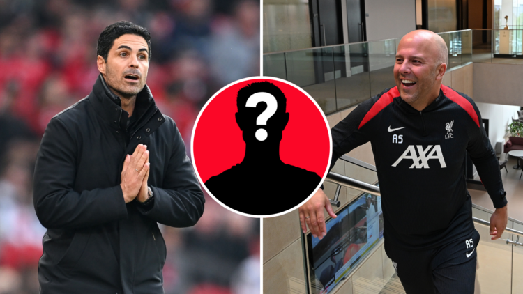 Split image of Arsenal manager Mikel Arteta (L) and Liverpool manager Arne Slot. Inset of mystery player.