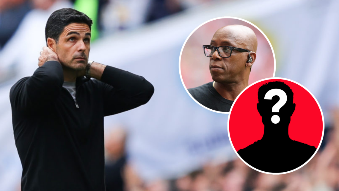 Image of Arsenal manager Mikel Arteta looking dejected with insets of Ian Wright looking to the right and a mystery player.