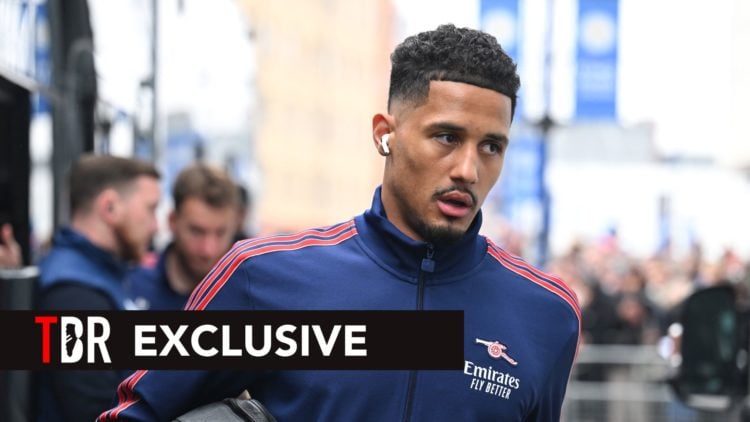 William Saliba of Arsenal arrives at the stadium prior to the Premier League match between Arsenal FC and West Ham United FC at Emirates Stadium on...