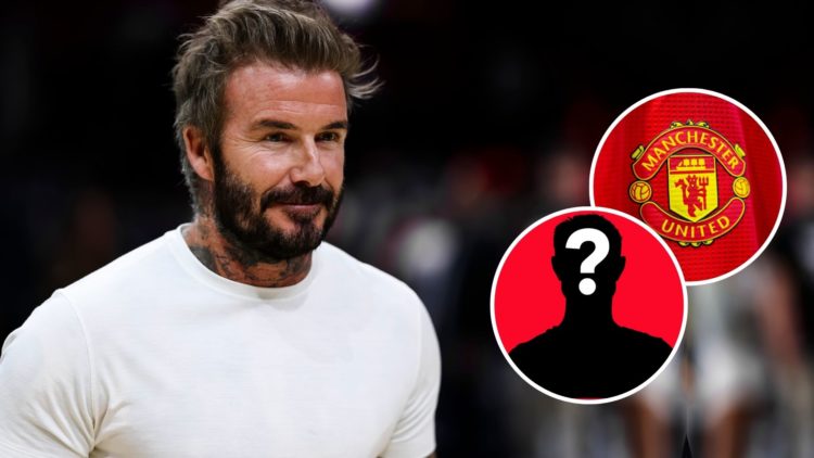 Image of Former soccer player David Beckham looks on after the game between the Miami Heat and the Indiana Pacers at Kaseya Center with inset of th...