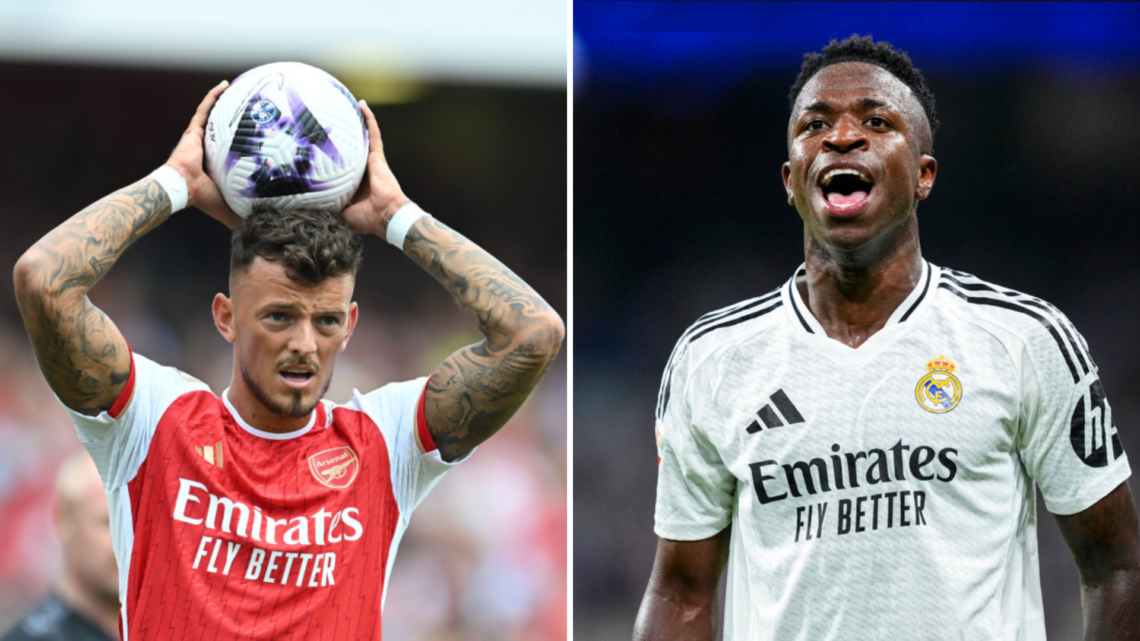 A split image of (L) Ben White taking a throw-in for Arsenal and (R) Vinicius Jr in a La Liga game for Real Madrid