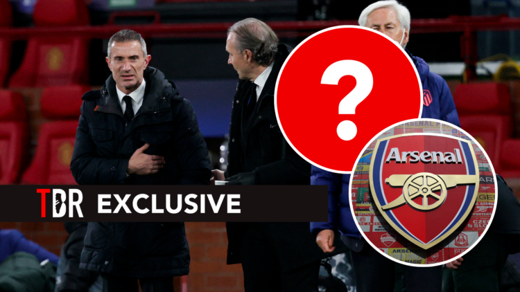 Sporting director Andrea Berta of Atletico Madrid during the UEFA Champions League match. Insets of Arsenal badge and mystery club.