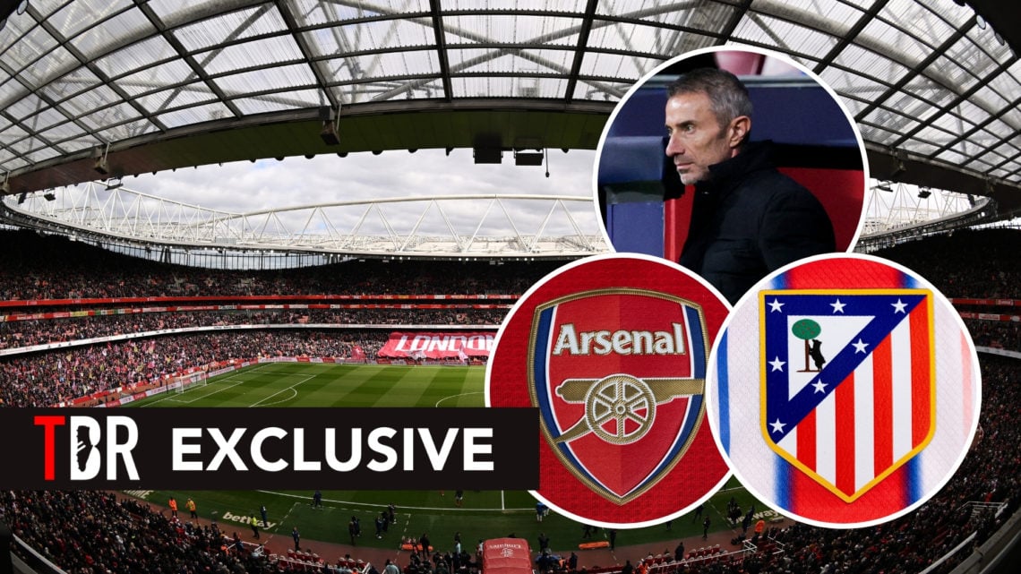 TBR Exclusive: Emirates Stadium as the background photo, with two insets of Andrea Berta and the Atletico Madrid badge.