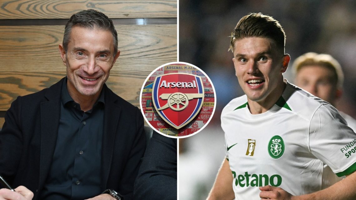 Split image of Arsenal's new Sporting Director Andrea Berta at Sobha Realty Training Centre, and Viktor Gyokeres. Inset, the Arsenal badge.