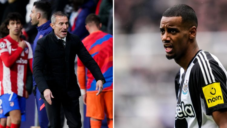 Split Image of Sport Director Andrea Berta of Atletico Madrid during the UEFA Champions League match, and Alexander Isak of Newcastle United FC loo...
