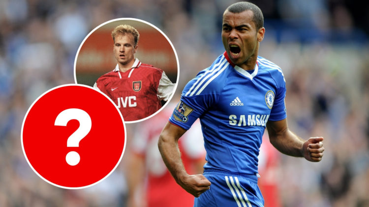 Ashley Cole in a Chelsea kit celebrating, with two insets featuring Bergkamp and a question mark.