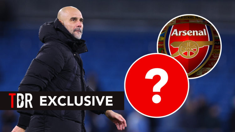 Pep Guardiola at Full Time at Etihad Stadium Inset Arsenal badge and Question mark, Inset, a question mark and Arsenal badge.