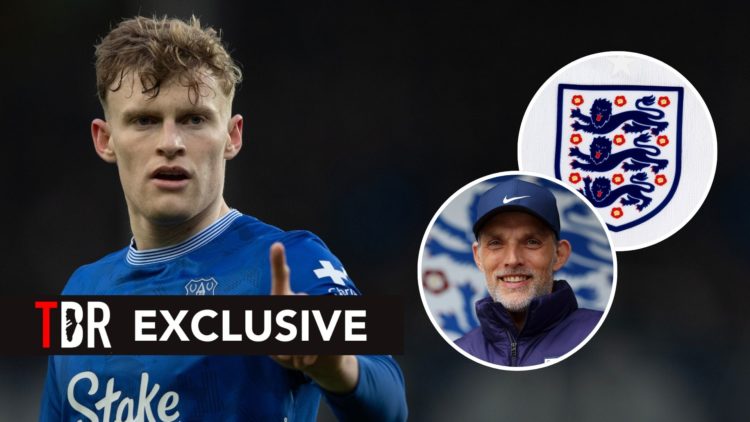 Jarrad Branthwaite of Everton during the Premier League match between Everton FC and Tottenham Hotspur FC. Inset, the England badge and Thomas Tuchel