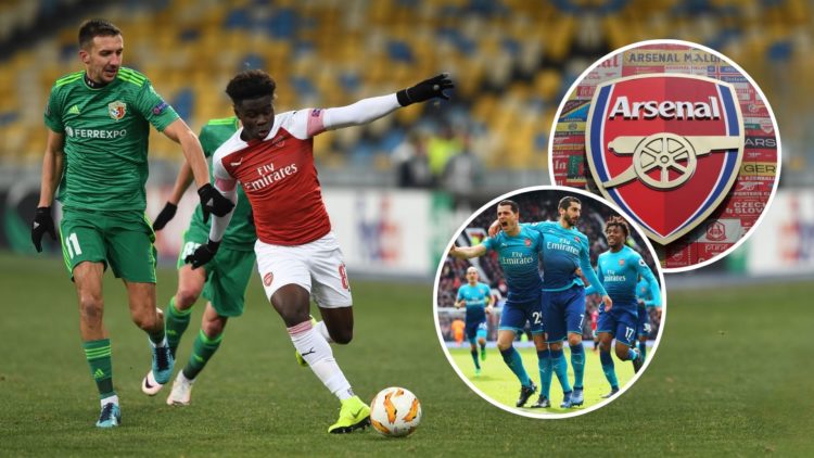 Bukayo Saka of Arsenal takes on Vyacheslav Sharpar of Voskla during the UEFA Europa League Group E match. Inset, 2018 Arsenal squad and the Arsenal...