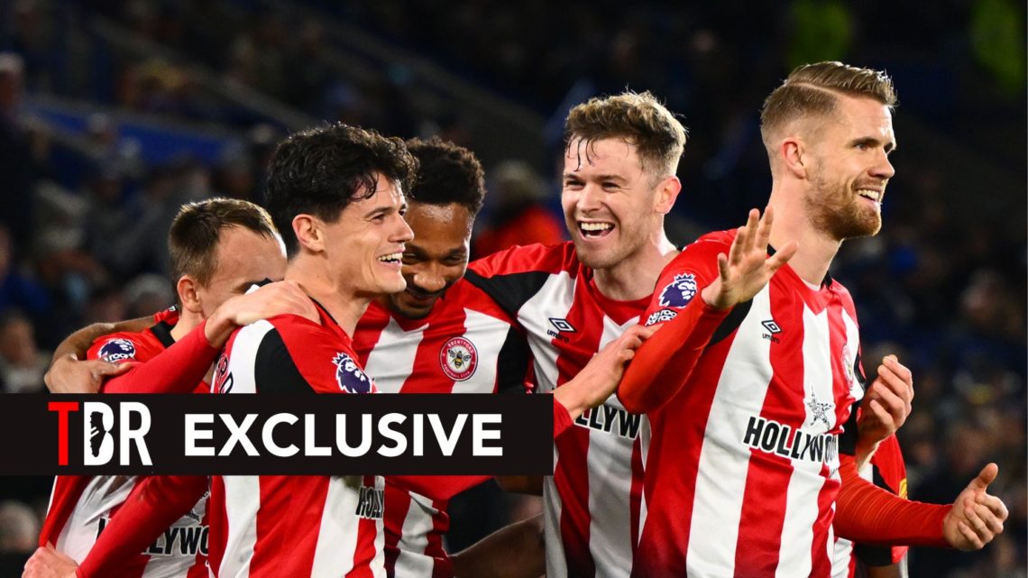 Christian Norgaard of Brentford celebrates scoring his team's third goal with teammates during the Premier League match between Leicester City FC a...