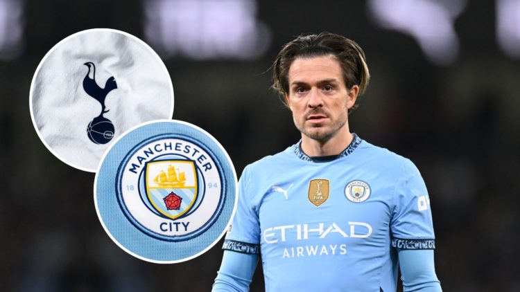 Image of Jack Grealish with two insets of the Tottenham Hotspur and Manchester City badge