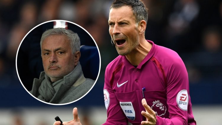 Referee, Mark Clattenburg reacts the Premier League match between West Bromwich Albion and Leicester City at The Hawthorns with an inset of Jose Mo...