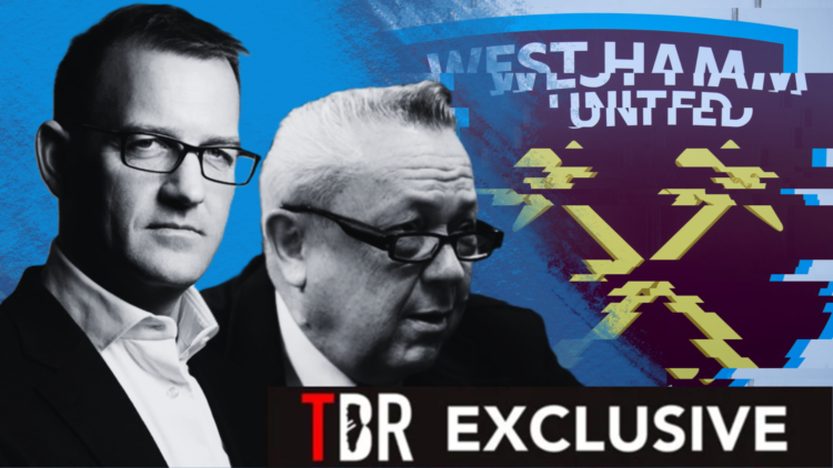 Composite image of Daniel Kretinsky, David Sullivan, the West Ham badge and a 'TBR exclusive' banner