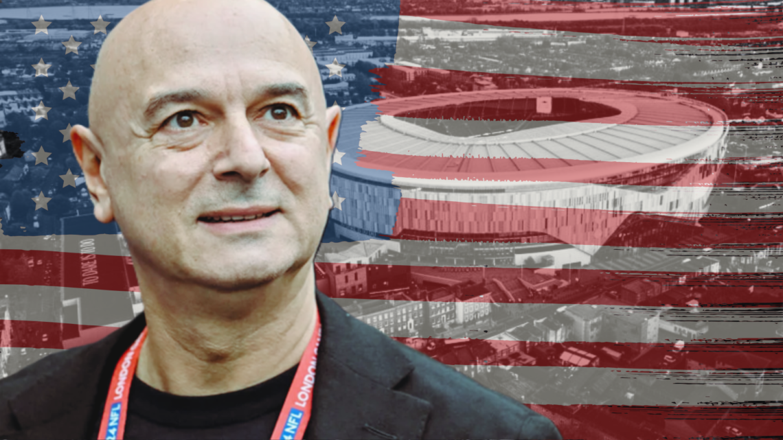 Daniel Levy superimposed over the American flag and an aerial view of the Tottenham Hotspur Stadium