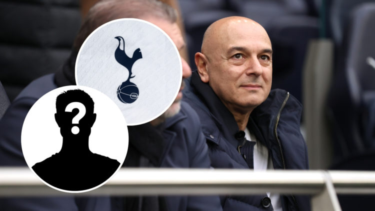 An image of Daniel Levy with two insets: one of the Tottenham Hotspur badge and another of a mystery player icon.