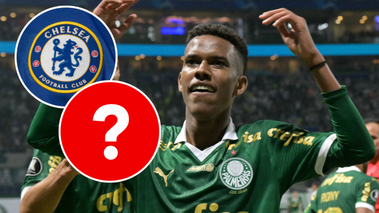 Palmeiras' forward Estevao Willian celebrates. Inset of Chelsea badge and question mark.