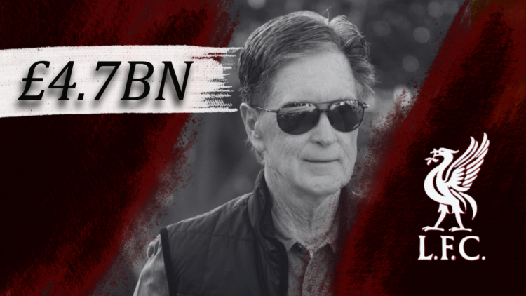 Illustration image of FSG owner John Henry, with the Liverpool badge and '£4.7bn' wordage