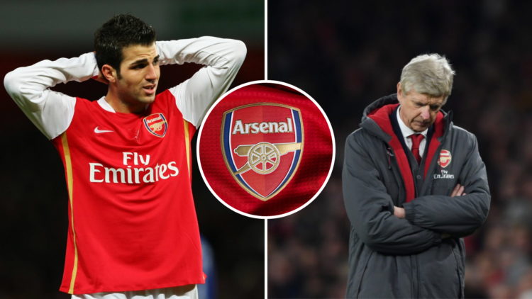A split image of (L) Cesc Fabregas looking dejected at Arsenal next to (R) Arsene Wenger looking down. Central inset of the Arsenal badge