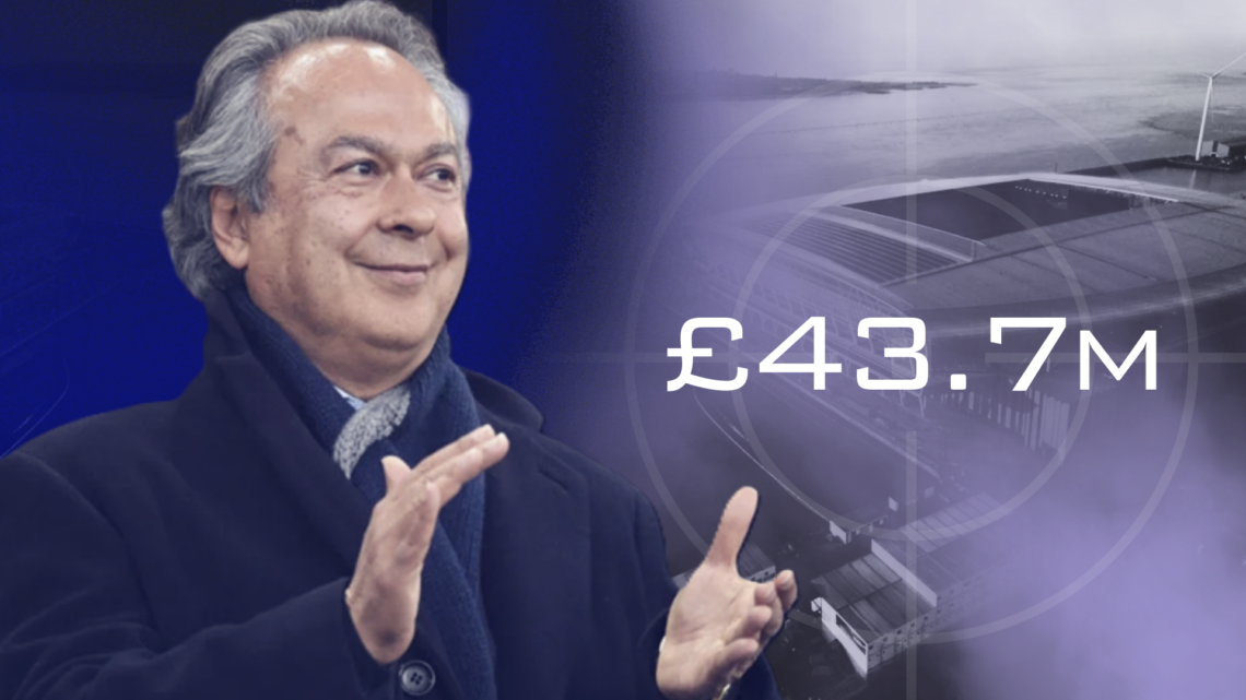 Composite image of Farhad Moshiri and Everton's Bramley Moore Dock Stadium and '£43.7m' wordage