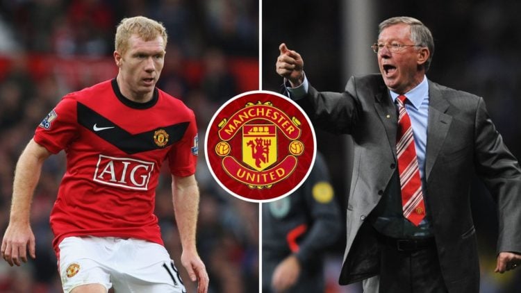 Sir Alex Ferguson, the Manchester United manager directs his players during the UEFA Champions League Final match, and Paul Scholes. Inset, the Man...
