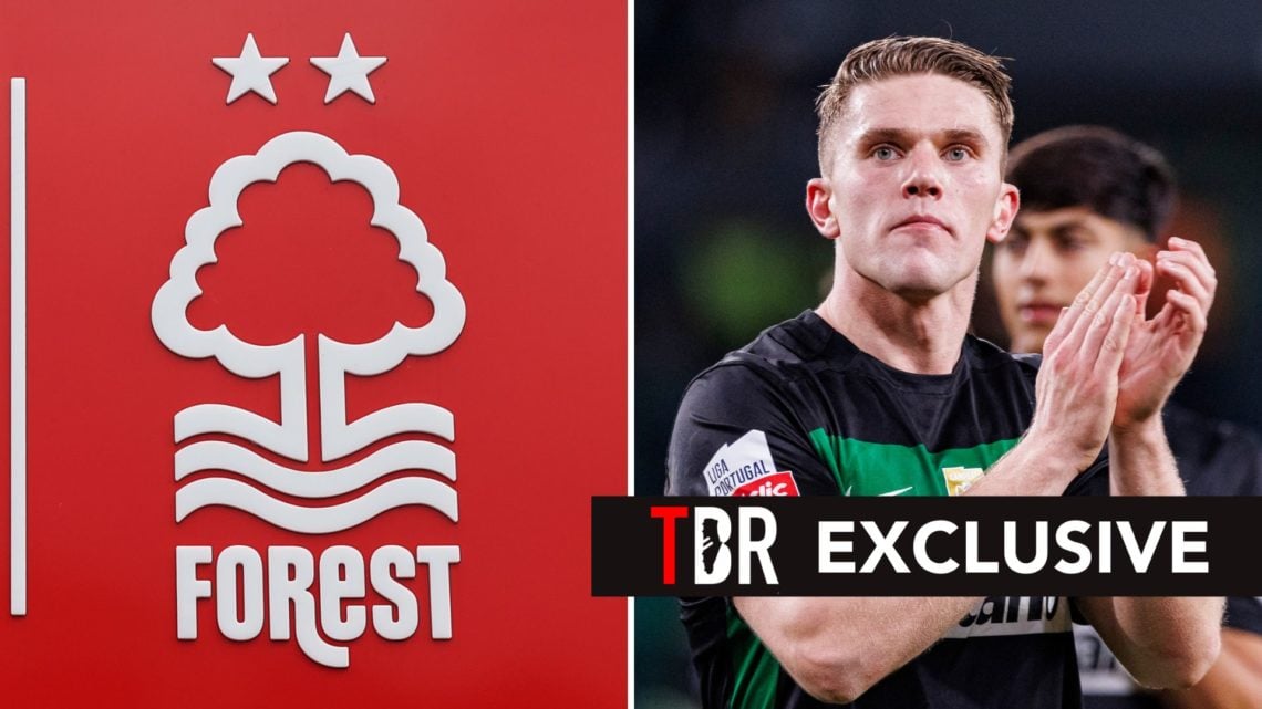 Split image of Viktor Gyokeres of Sporting thanks supporters for standing following the Liga Portugal Betclic match, and the Nottingham Forest badge.