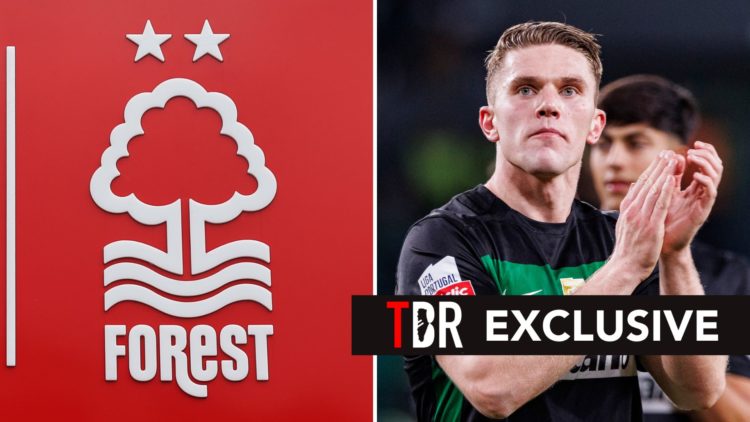 Split image of Viktor Gyokeres of Sporting thanks supporters for standing following the Liga Portugal Betclic match, and the Nottingham Forest badge.