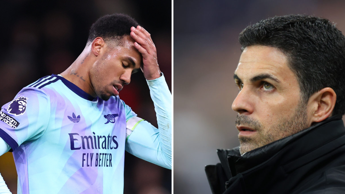 Split image of (L) Gabriel Magalhaes looking dejected alongside (R) Mikel Arteta looking on during an Arsenal game