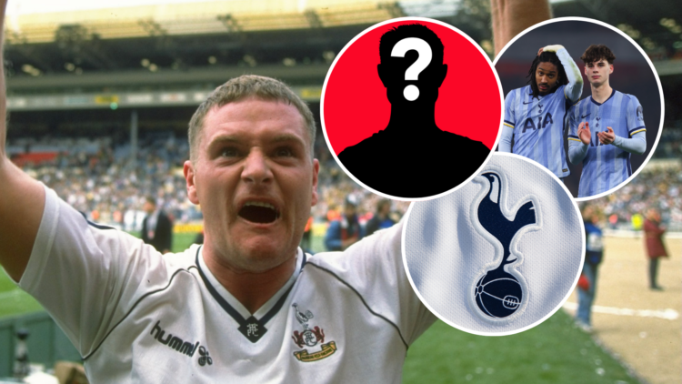 Paul Gascoigne of Tottenham Hotspur. Insets of Archie Gray and Djed Spence, Tottenham badge and mystery player.