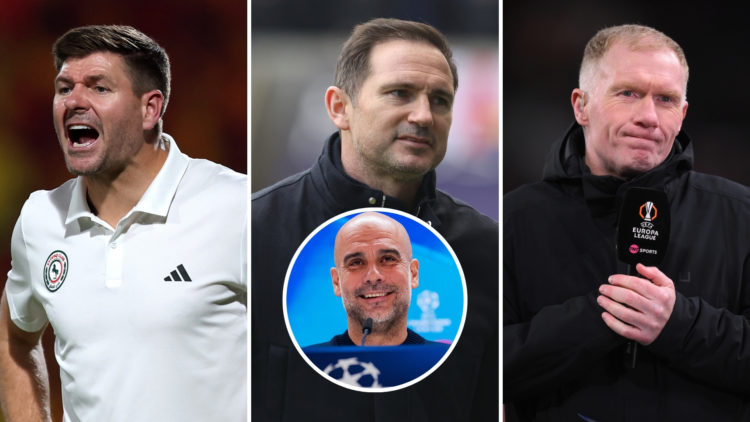 Three-way split image of Steven Gerrard (left), Frank Lampard (right), and Paul Scholes (center), with a circular inset of Pep Guardiola smiling in...