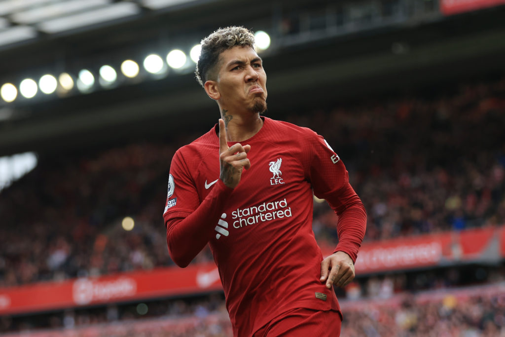 Roberto Firmino celebrates a goal for Liverpool.