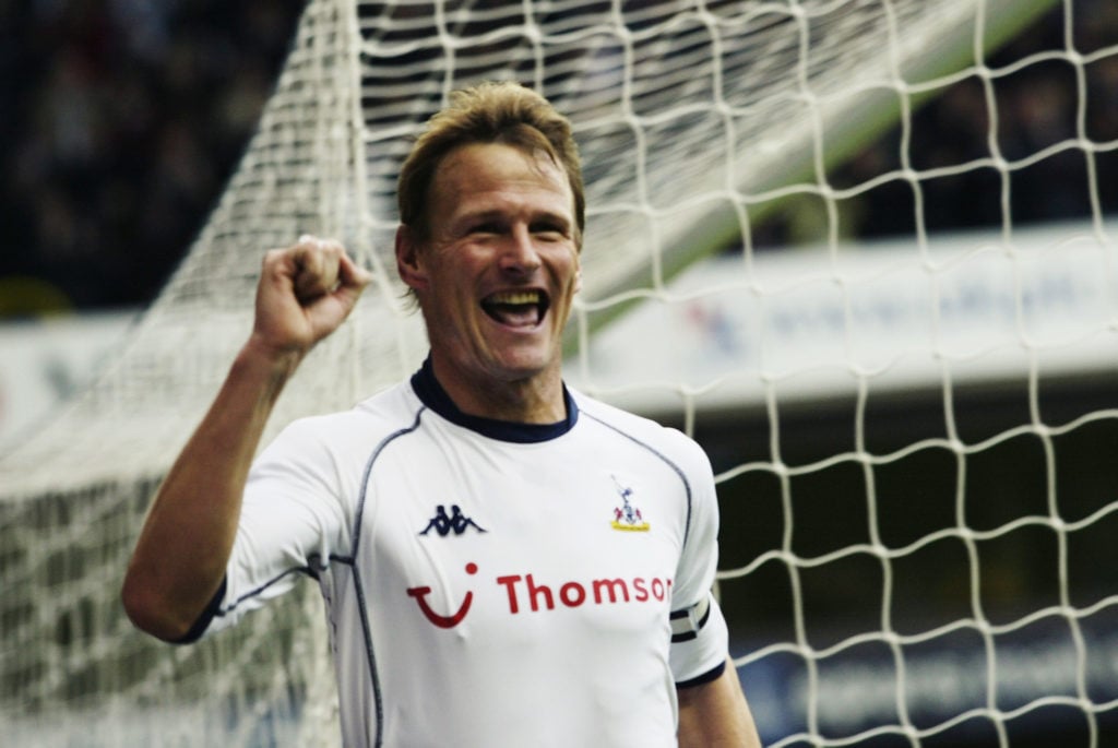 Teddy Sheringham celebrates scoring the opening goal