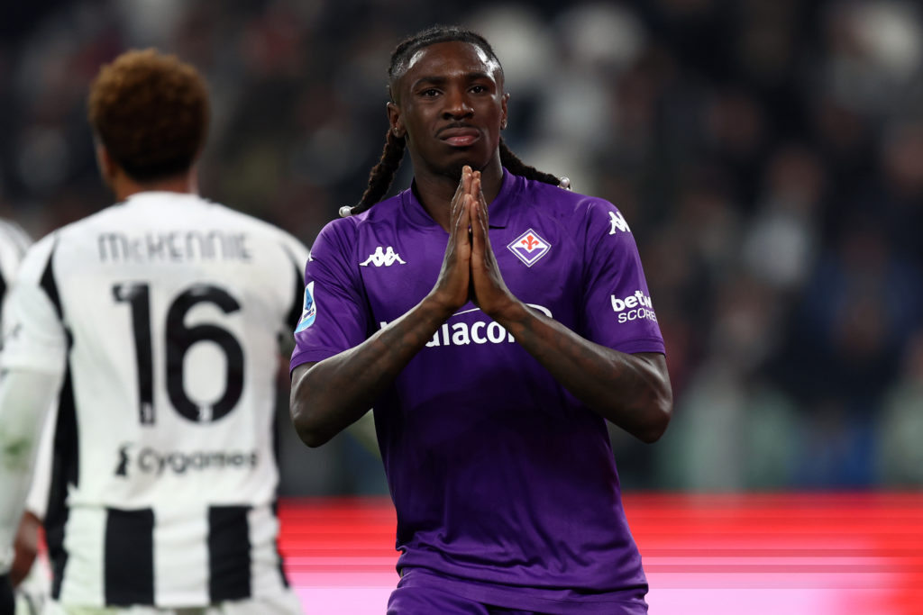 Moise Keane celebrates after scoring for Fiorentina in the Serie A.