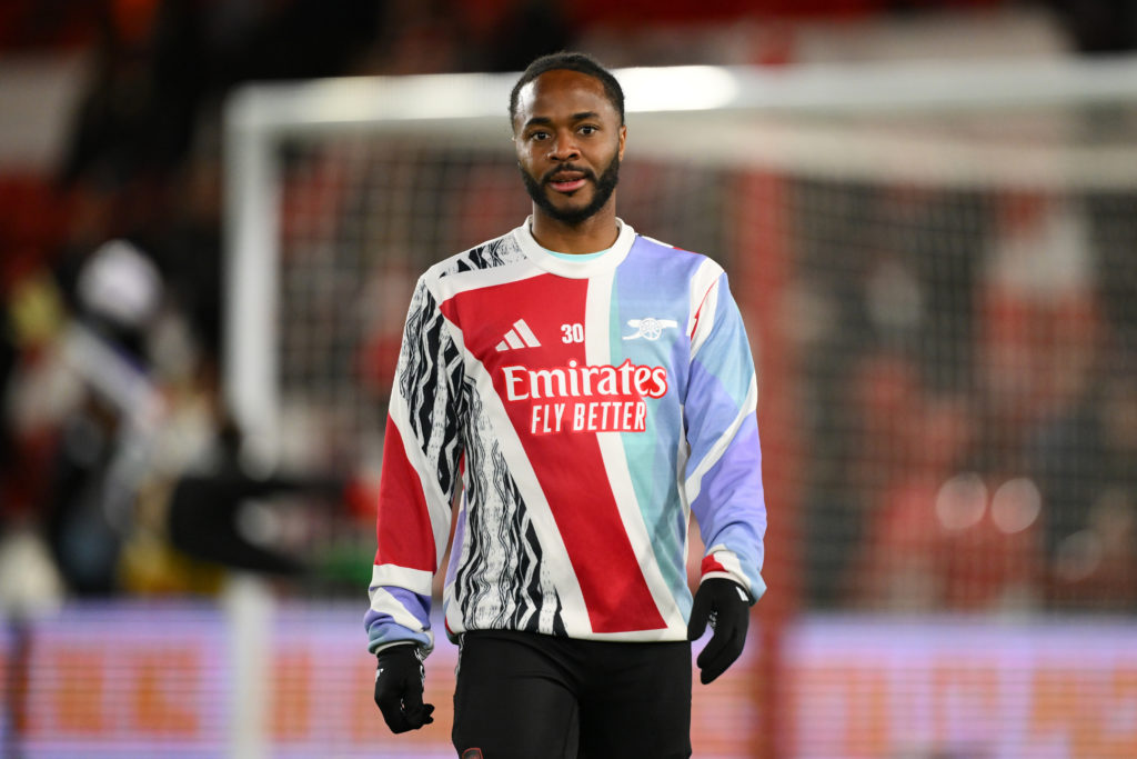Raheem Sterling of Arsenal plays during the Premier League match between Nottingham Forest and Arsenal at the City Ground in Nottingham, England, on February 26, 2025.